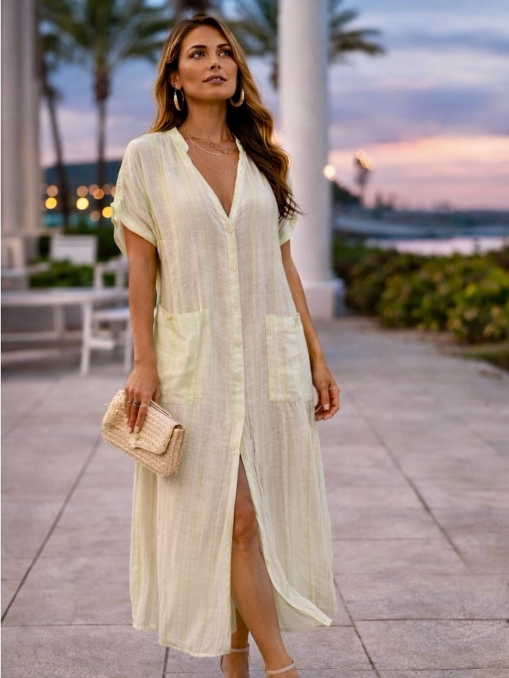 NWT Bimba y Lola Sheer Ivory Lime Stripe Midi Dress Cover-Up Resort Wear
